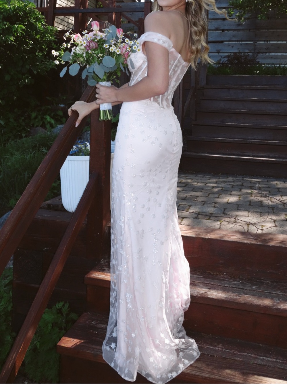 Off-Shoulder Blush Evening Gown with Sheer Embellished Overlay